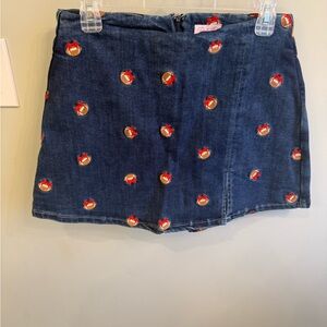 Denim Mini Skort with Red Embroidered footballs with bows